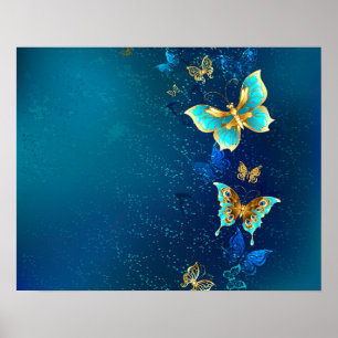 Goldene Schmetterlinge auf blauem Hintergrund Poster