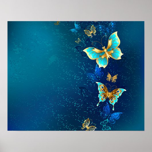 Goldene Schmetterlinge auf blauem Hintergrund Poster (Vorne)