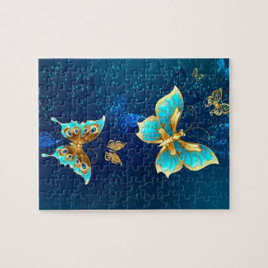 Goldene Schmetterlinge auf blauem Hintergrund Puzzle (Horizontal)