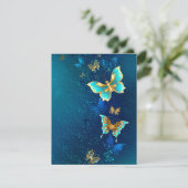 Goldene Schmetterlinge auf blauem Hintergrund RSVP Karte (Stehend Vorderseite)