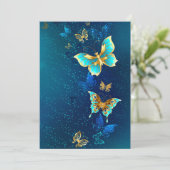Goldene Schmetterlinge auf blauem Hintergrund Save The Date (Stehend Vorderseite)