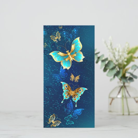 Goldene Schmetterlinge auf blauem Hintergrund Save The Date (Stehend Vorderseite)