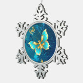 Goldene Schmetterlinge auf blauem Hintergrund Schneeflocken Zinn-Ornament (Rechts)