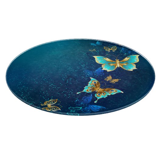 Goldene Schmetterlinge auf blauem Hintergrund Schneidebrett (Ecke)