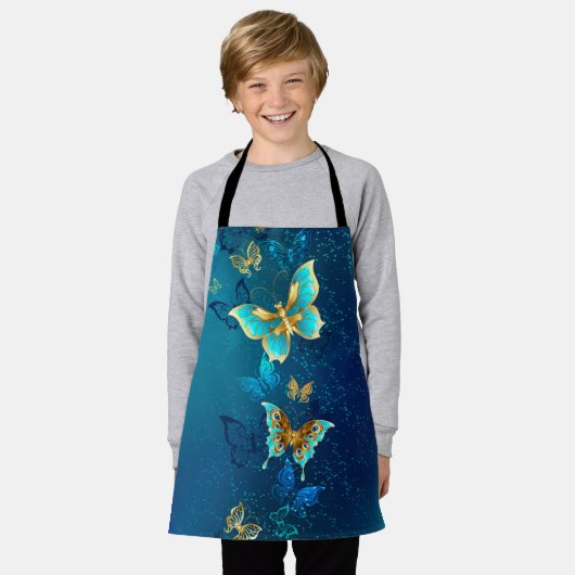 Goldene Schmetterlinge auf blauem Hintergrund Schürze (Getragen)