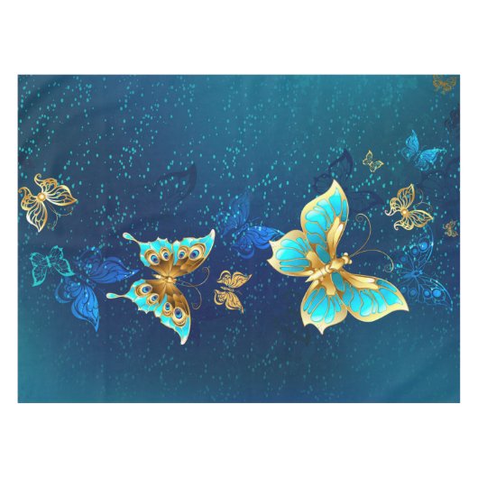 Goldene Schmetterlinge auf blauem Hintergrund Tischdecke (Vorderseite (Horizontal))