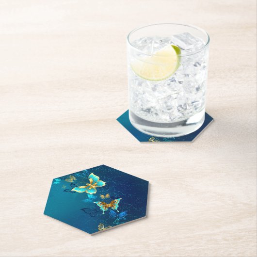 Goldene Schmetterlinge auf blauem Hintergrund Untersetzer (Vor Ort)