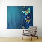 Goldene Schmetterlinge auf blauem Hintergrund Wandteppich (Beispiel (Horizontal))