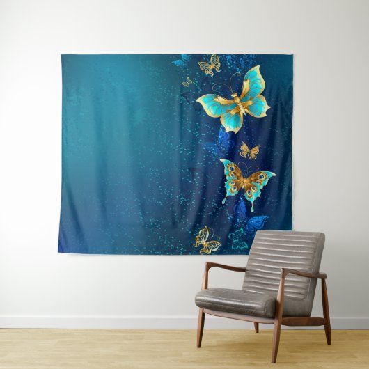 Goldene Schmetterlinge auf blauem Hintergrund Wandteppich (Beispiel (Horizontal))
