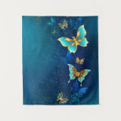 Goldene Schmetterlinge auf blauem Hintergrund Wandteppich (Vorderseite)