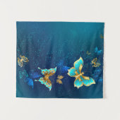 Goldene Schmetterlinge auf blauem Hintergrund Wandteppich (Vorderseite (Horizontal))