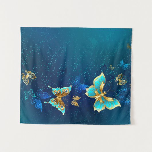 Goldene Schmetterlinge auf blauem Hintergrund Wandteppich (Vorderseite (Horizontal))