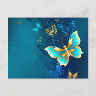 Goldene Schmetterlinge auf einem blauen Hintergrun Ankündigungspostkarte