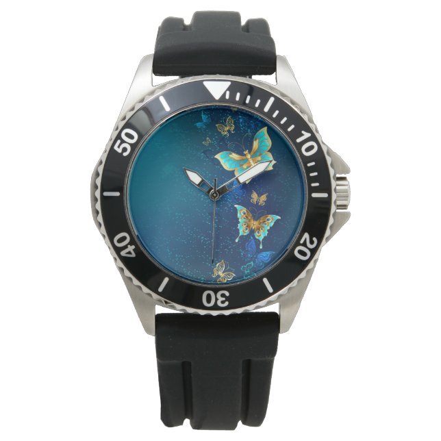 Goldene Schmetterlinge auf einem blauen Hintergrun Armbanduhr (Vorderseite)