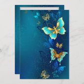 Goldene Schmetterlinge auf einem blauen Hintergrun Einladung (Vorne/Hinten)
