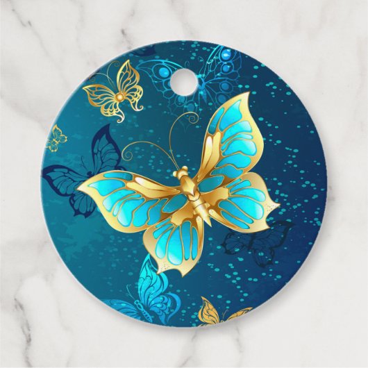 Goldene Schmetterlinge auf einem blauen Hintergrun Geschenkanhänger (Vorderseite)