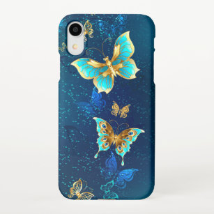 Goldene Schmetterlinge auf einem blauen Hintergrun iPhone Hülle