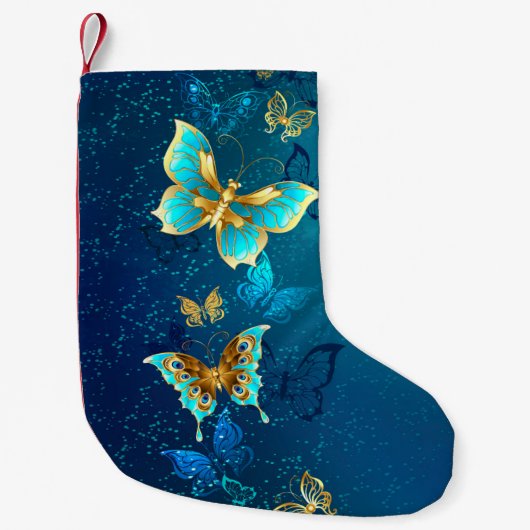 Goldene Schmetterlinge auf einem blauen Hintergrun Kleiner Weihnachtsstrumpf (Vorderseite)