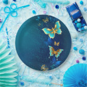 Goldene Schmetterlinge auf einem blauen Hintergrun Pappteller (Party)