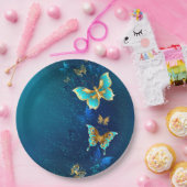 Goldene Schmetterlinge auf einem blauen Hintergrun Pappteller (Party)