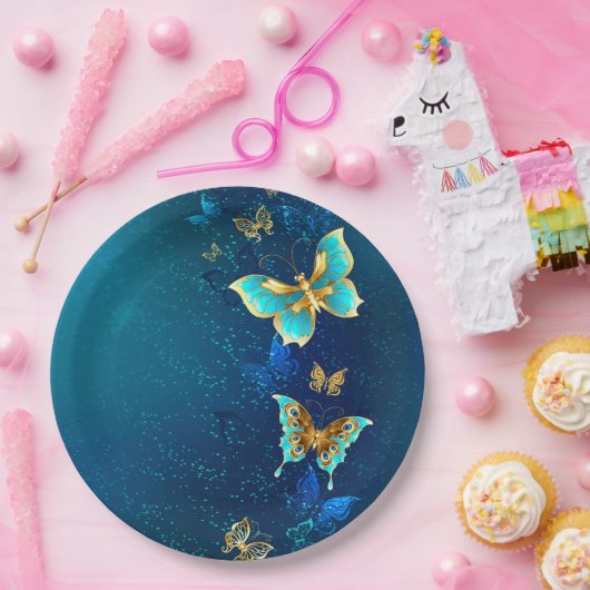 Goldene Schmetterlinge auf einem blauen Hintergrun Pappteller (Party)