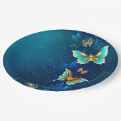Goldene Schmetterlinge auf einem blauen Hintergrun Pappteller (Schrägansicht)