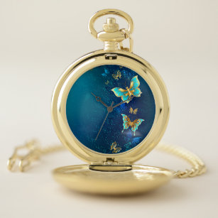 Goldene Schmetterlinge auf einem blauen Hintergrun Taschenuhr