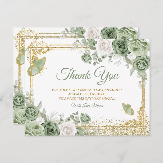 Goldene Schmetterlinge aus Quinceñera Sage Green C Dankeskarte (Vorne/Hinten)