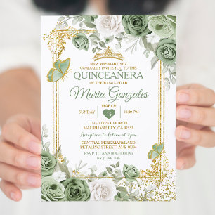 Goldene Schmetterlinge aus Quinceñera Sage Green C Einladung