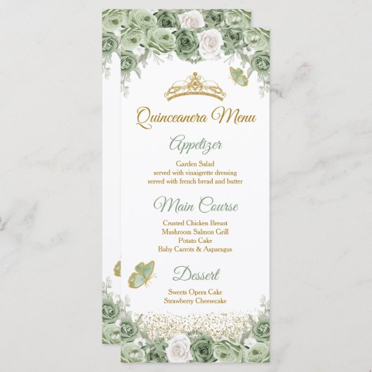 Goldene Schmetterlinge aus Quinceñera Sage Green C Menükarte (Vorne/Hinten)