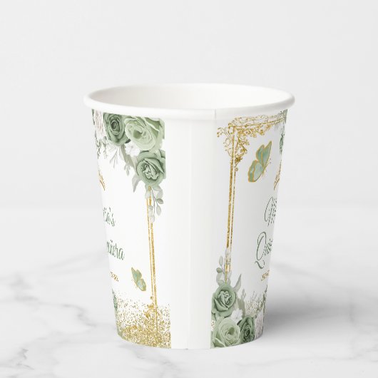 Goldene Schmetterlinge aus Quinceñera Sage Green C Pappbecher (Rechts)