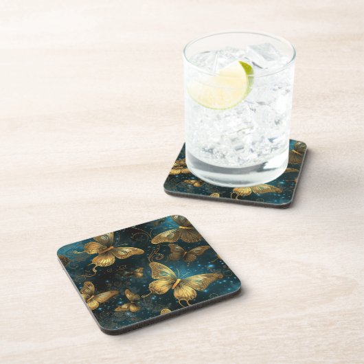 Goldene Schmetterlinge harter Kunststoff-Untersetz Getränkeuntersetzer (Rechte Seite)