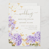 Goldene Schmetterlinge Hydrangea Rustikale Hochzei Einladung (Vorne/Hinten)