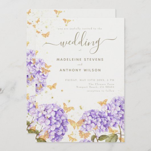 Goldene Schmetterlinge Hydrangea Rustikale Hochzei Einladung (Vorne/Hinten)