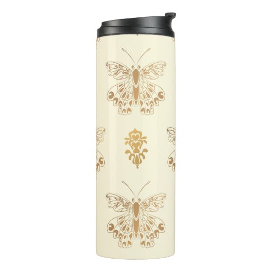 Goldene Schmetterlinge, weißes, nahtloses Vintages Thermosbecher (Nach links gedreht)