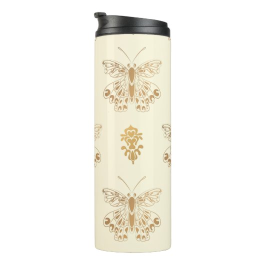 Goldene Schmetterlinge, weißes, nahtloses Vintages Thermosbecher (Nach rechts gedreht)