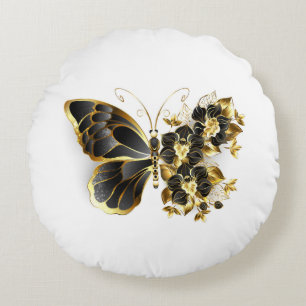 Goldene Schmetterlingsblume mit schwarzer Orchidee Rundes Kissen
