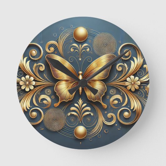 Goldene Schmetterlingsgestaltung Runde Wanduhr (Vorderseite)