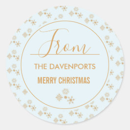 Goldene Schneeflocke auf Frosty Blue Christmas Pat Runder Aufkleber