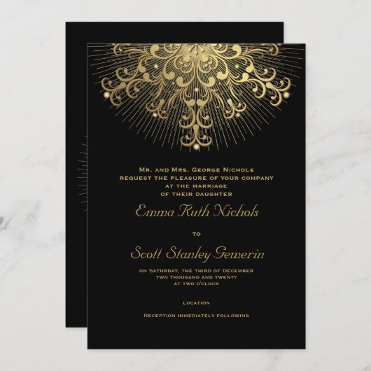 Goldene Schneeflocke auf schwarz-elegante Winterho Einladung (Vorne/Hinten)