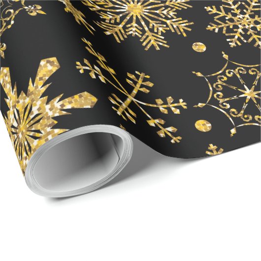 Goldene Schneeflocke auf schwarzem Hintergrund Wei Geschenkpapier (Rolleneckpunkt)