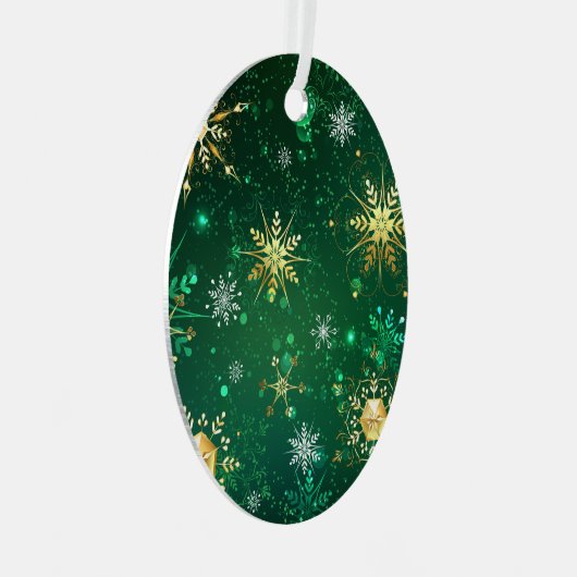 Goldene Schneeflocken auf dem Label "Grüner Hinter Ornament Aus Metall (Vorderseite Rechts)