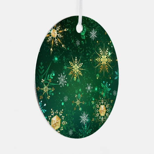Goldene Schneeflocken auf dem Label "Grüner Hinter Ornament Aus Metall (Vorderseite Rechts)