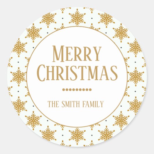 Goldene Schneeflocken auf den weißen frohen Weihna Runder Aufkleber (Vorderseite)