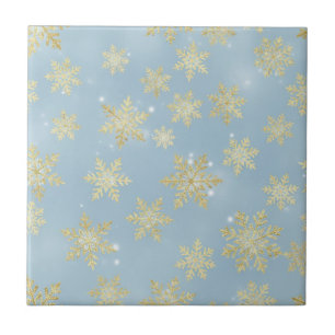 Goldene Schneeflocken auf Himmelblau – Eleganter W Fliese