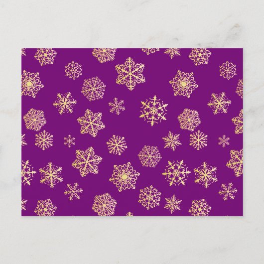 Goldene Schneeflocken auf lila Hintergrund Postkarte (Vorderseite)