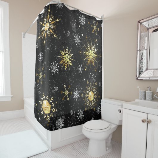 Goldene Schneeflocken auf schwarzem Hintergrund Duschvorhang (Beispiel)