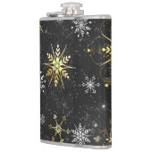 Goldene Schneeflocken auf schwarzem Hintergrund Flachmann (Links)