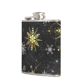 Goldene Schneeflocken auf schwarzem Hintergrund Flachmann (Links)