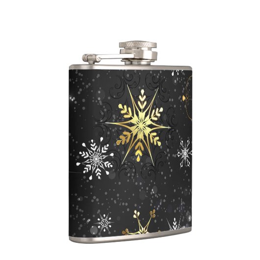 Goldene Schneeflocken auf schwarzem Hintergrund Flachmann (Rechts)